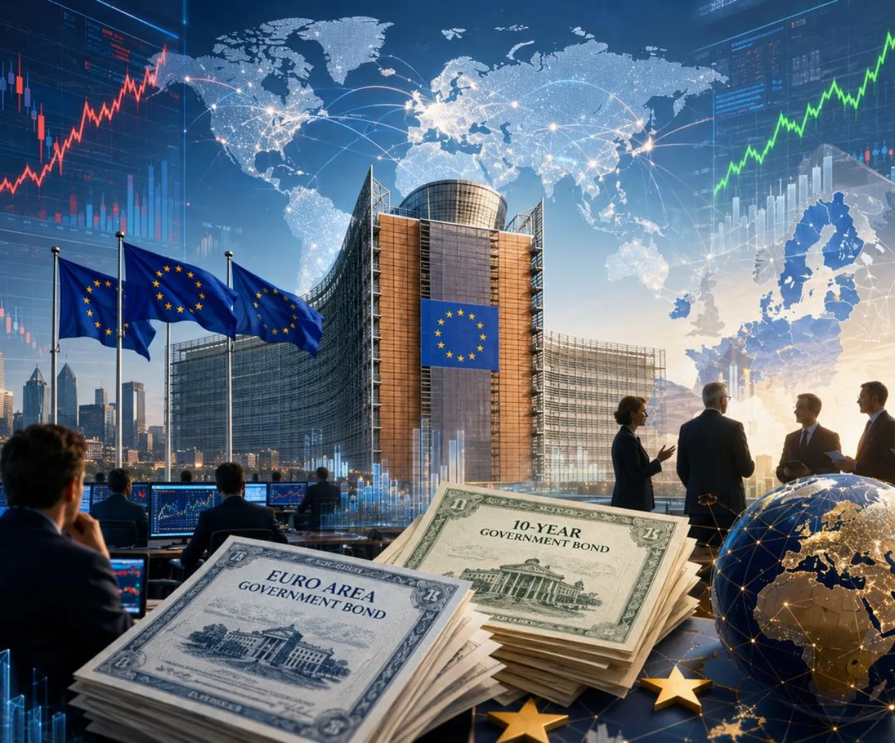 ECB President Christine Lagarde delivering a press conference in Frankfurt, with a display of Eurozone bond yield charts behind her.