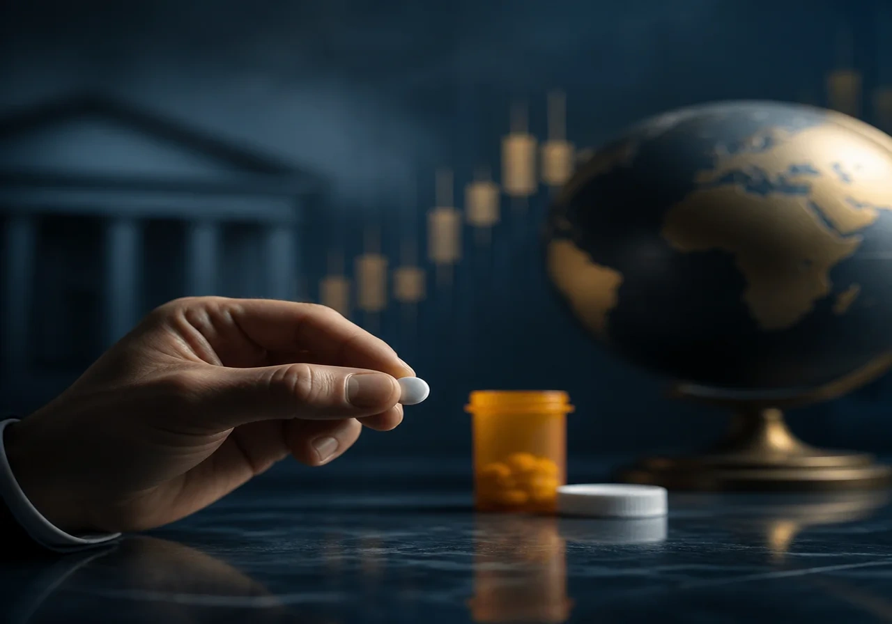 A hand holding a small white pill with an orange prescription bottle in the background, pharmaceutical setting.