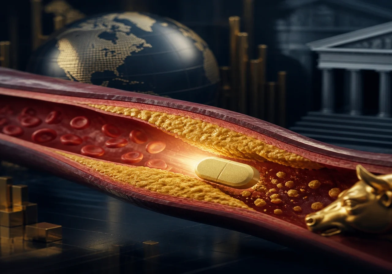 An illustration of an artery with plaque buildup being cleared by a small pill, symbolizing cholesterol reduction.