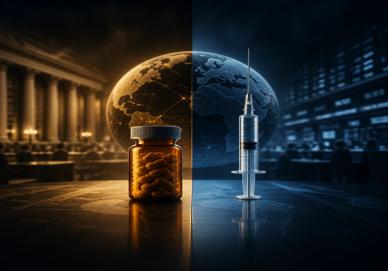 A side-by-side comparison of a pill bottle and a syringe, representing the oral vs injectable treatment options.