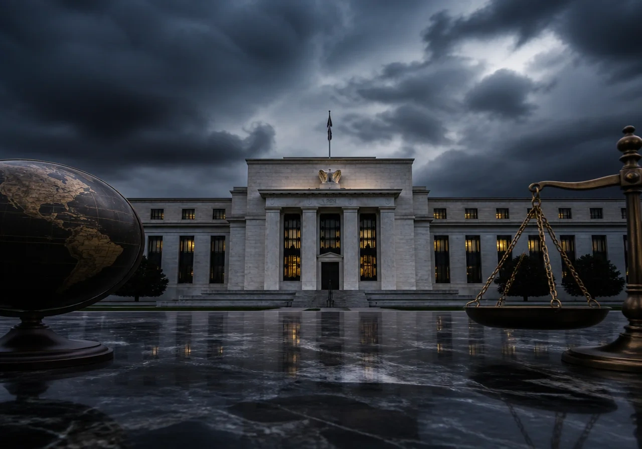 A photo of the Federal Reserve building in Washington D.C. under a dramatic sky, symbolizing monetary policy uncertainty.