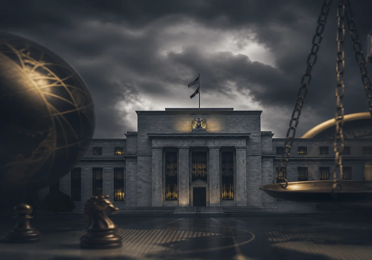 A photo of the Federal Reserve Building in Washington D.C. under a cloudy sky, conveying uncertainty about the interest rate decision.