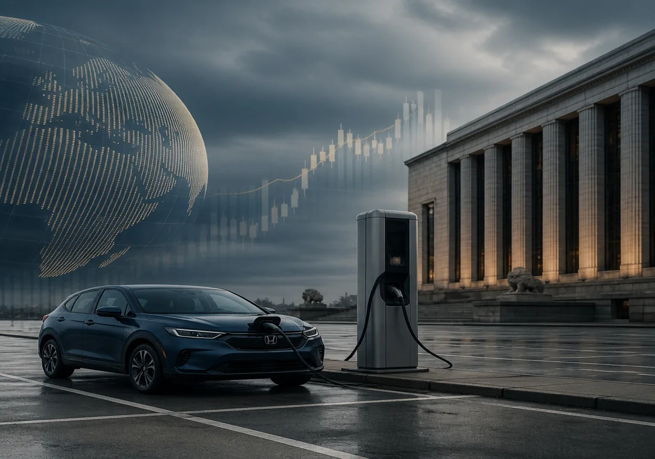 A Honda electric vehicle parked at a public charging station on a cloudy day, with a nearly empty parking lot emphasizing slow adoption.