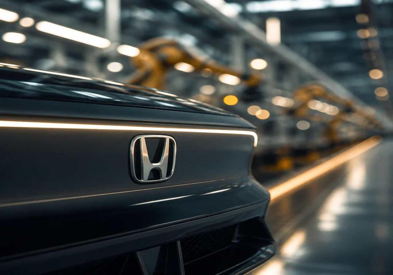 A close-up of a Honda badge on a new EV model, with a blurred background of a factory floor, symbolizing production ramp-up.
