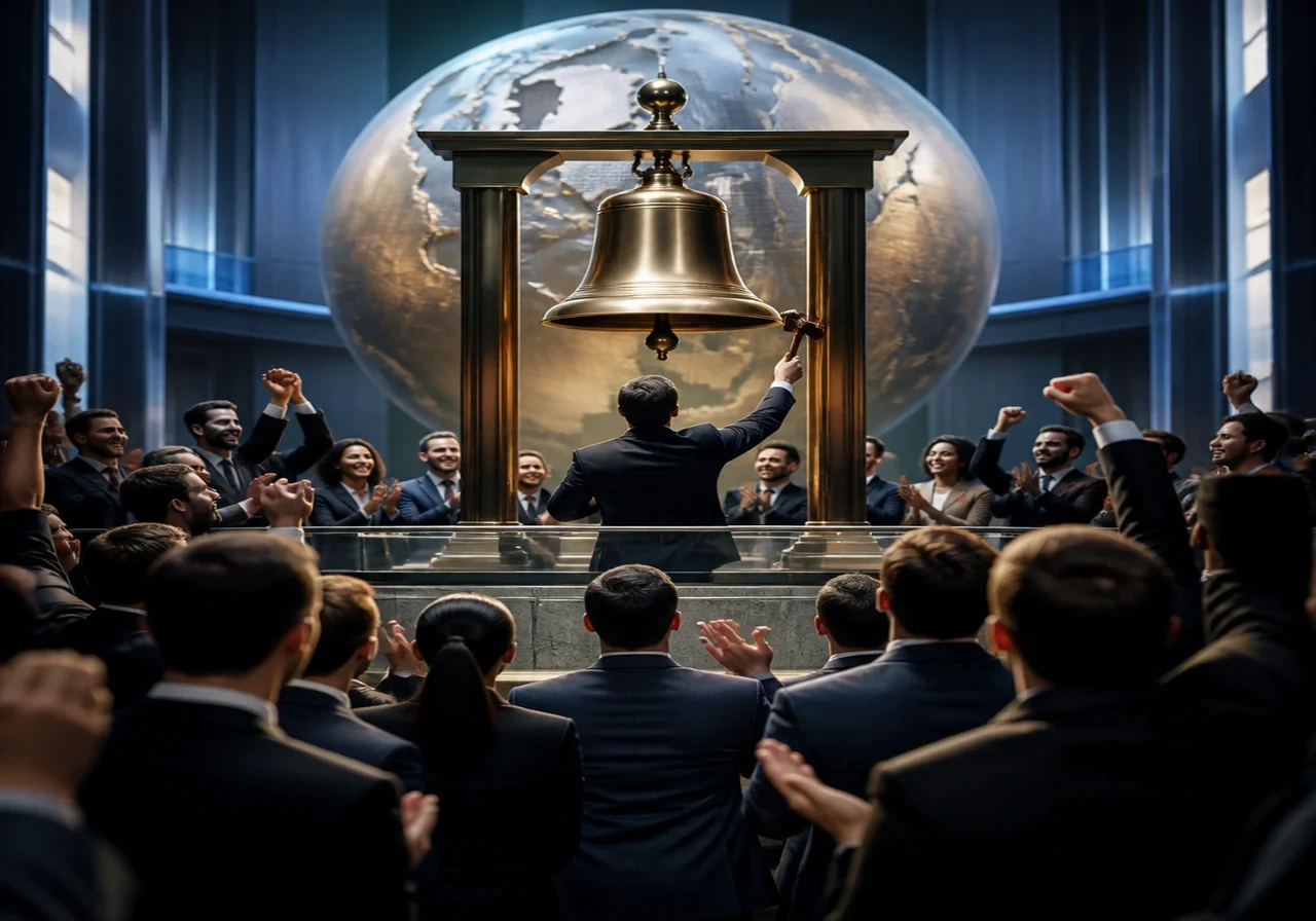 A dynamic scene of a company founder ringing the opening bell at the New York Stock Exchange, surrounded by cheering employees and flashing cameras, capturing the excitement of an
