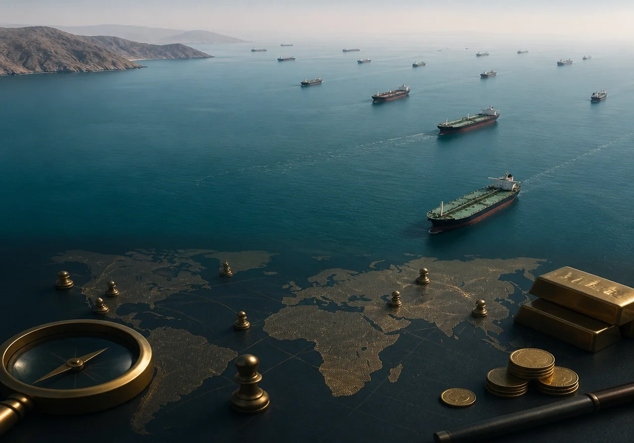 Aerial view of oil tankers queuing near the Strait of Hormuz with hazy horizon and turquoise waters.