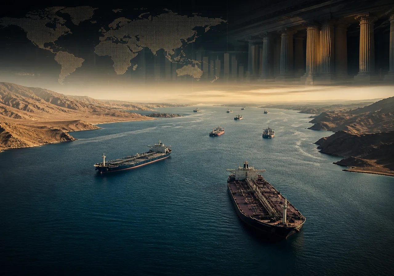 Aerial view of oil tankers in the Strait of Hormuz, a narrow waterway surrounded by desert landscape.