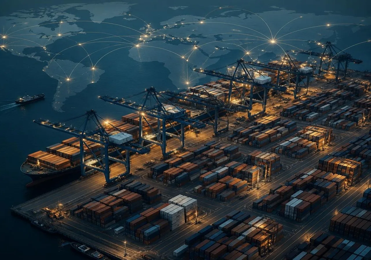 Aerial view of a congested container port with cranes and stacked shipping containers in different colors, surrounded by cargo ships, illustrating global trade networks under