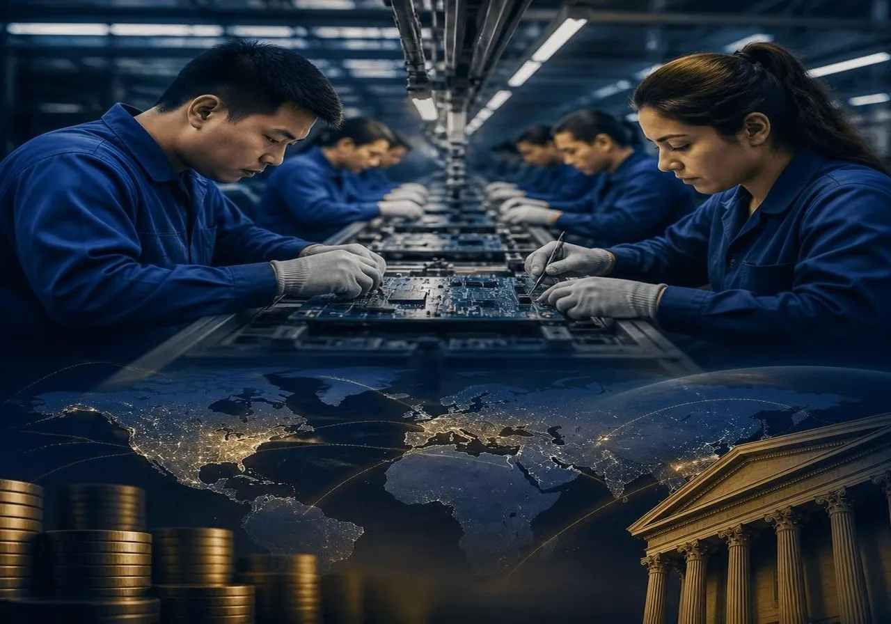 Manufacturing workers assembling electronic components on a production line in a modern factory, with both Asian and Latin American workers, symbolizing the shift to new supply