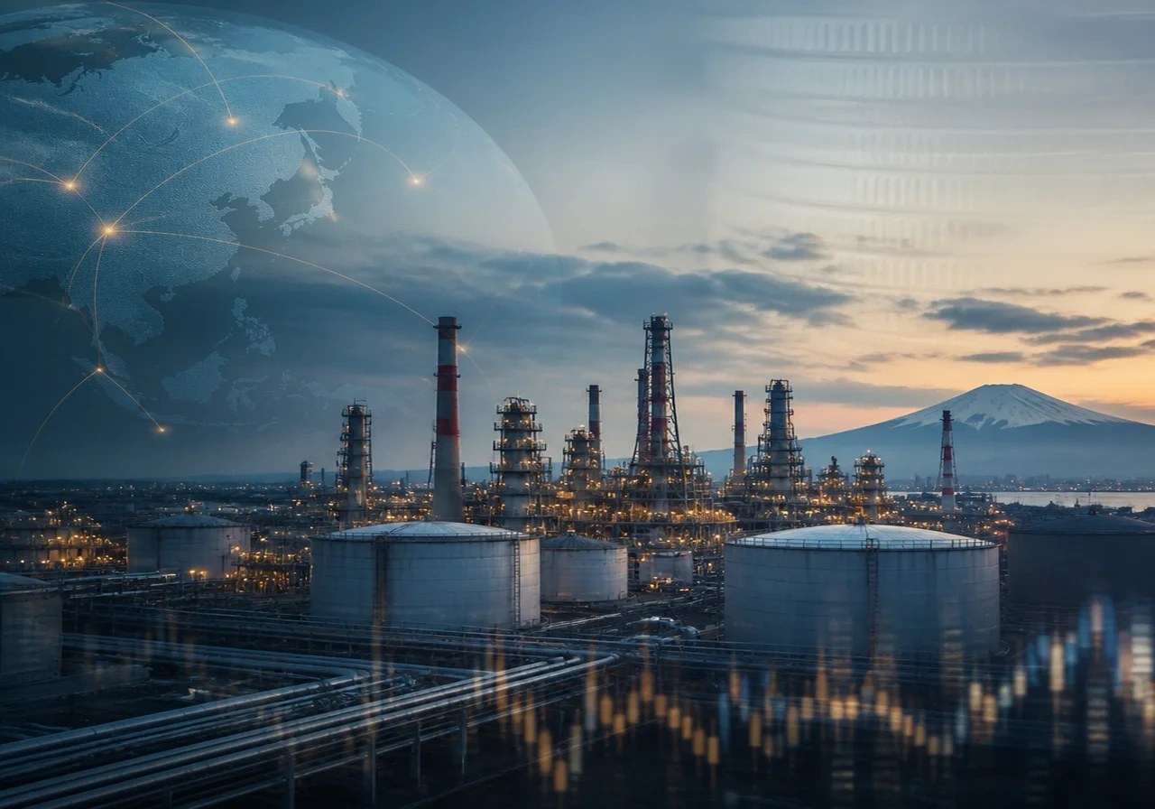 A view of an oil refinery in Japan with storage tanks and pipelines, under a partly cloudy sky.