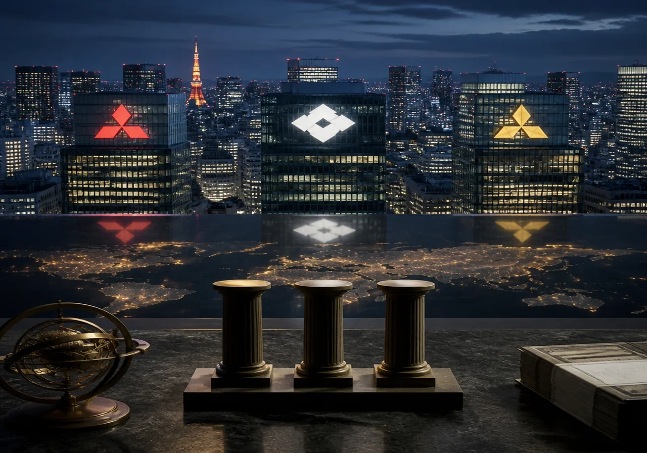 A panoramic photo of Tokyo's skyline with neon signs displaying logos of major Japanese conglomerates like Mitsubishi, Sumitomo, and Mitsui.