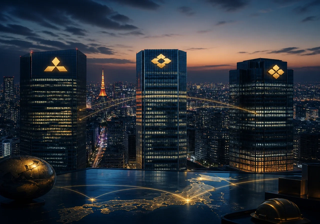 Tokyo skyline at dusk with illuminated headquarters of Mitsubishi, Mitsui, and Sumitomo, symbolizing the interconnected keiretsu networks.