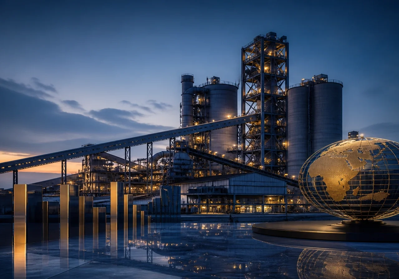 A modern cement production plant at twilight, with silos and conveyor belts, representing industrial strength.