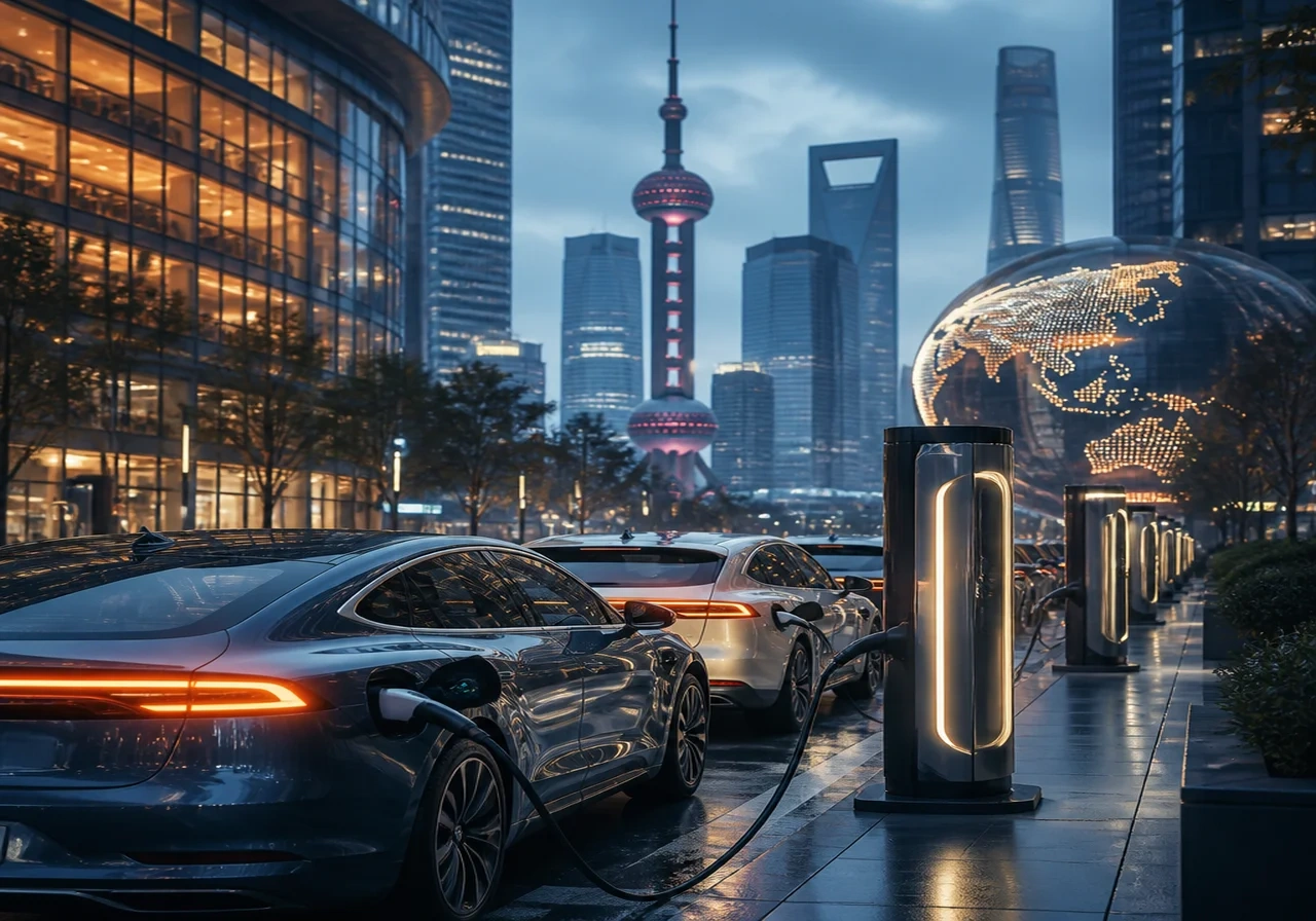 A crowded urban street in Shanghai with multiple electric cars charging at modern charging stations, showcasing bustling EV adoption.
