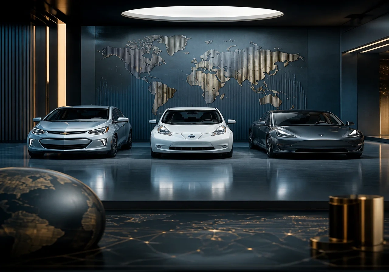 A lineup of affordable electric vehicles (Chevy Bolt, Nissan Leaf, Tesla Model 3) parked side by side in a showroom, emphasizing price comparison.
