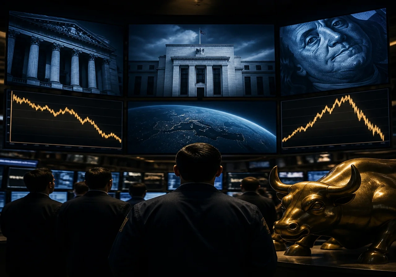 Traders on the floor of the New York Stock Exchange watching monitors displaying bond yields and Fed announcements.