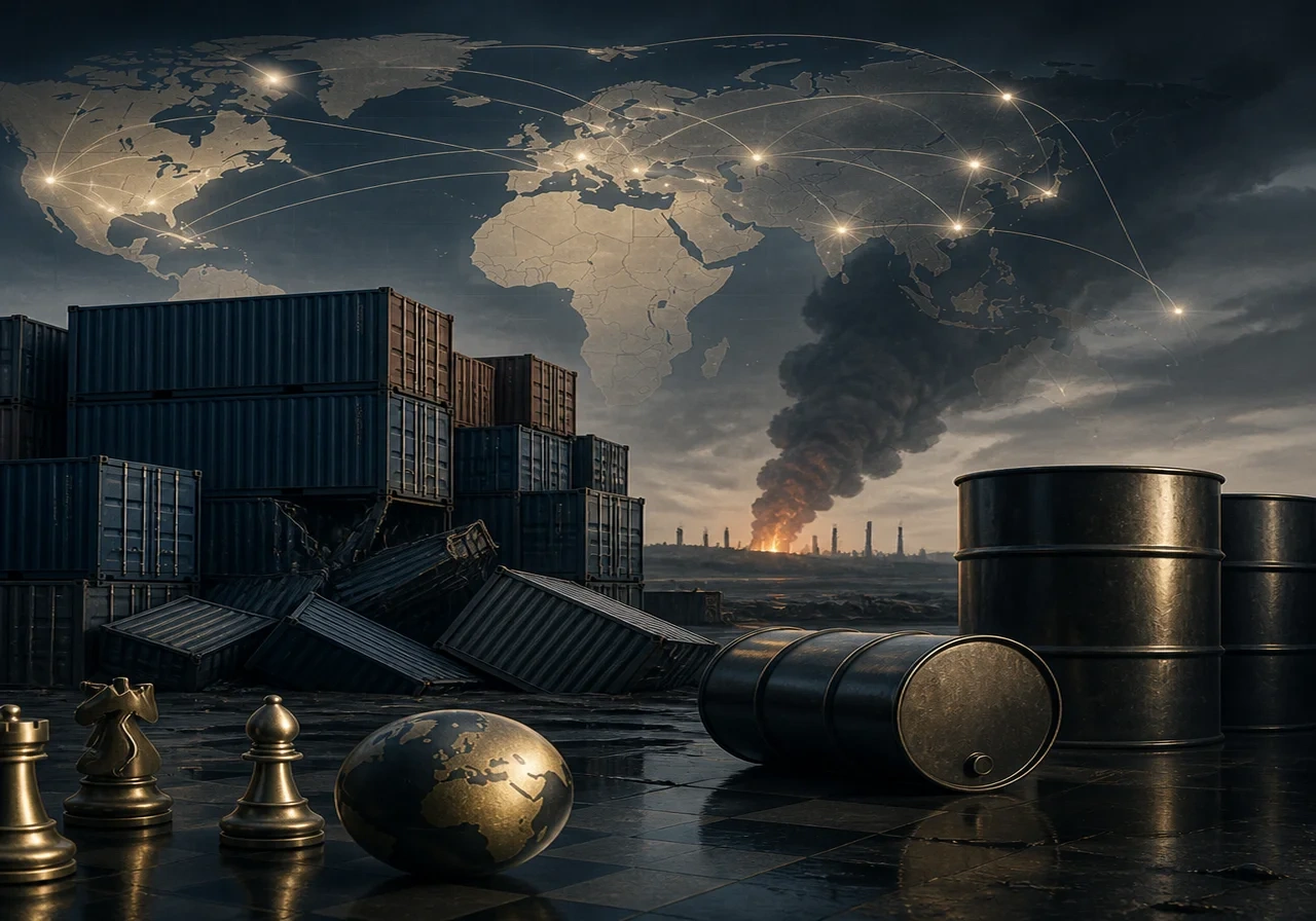 A montage of oil barrels and shipping containers representing supply chain disruptions from Middle East conflict.