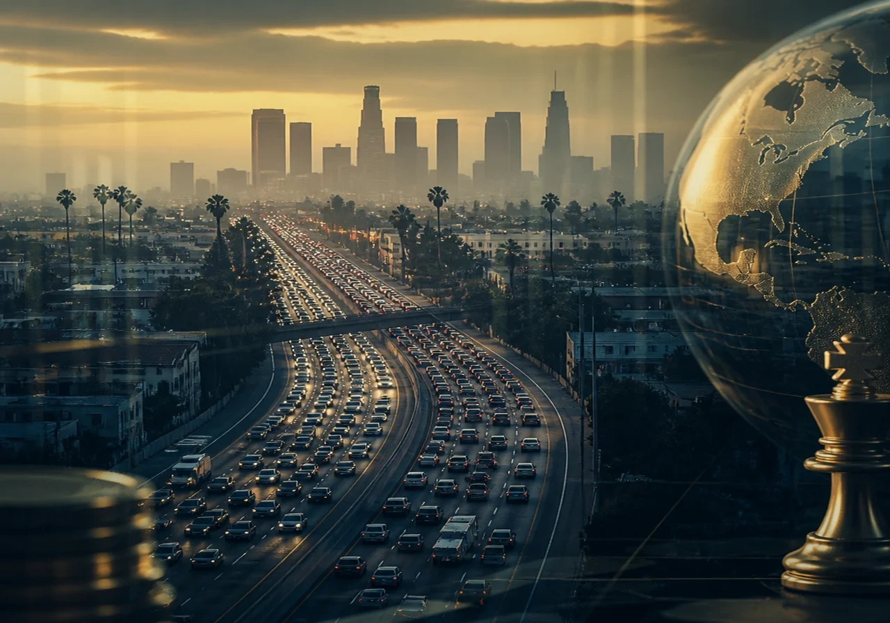 Aerial view of a congested Los Angeles freeway during rush hour with a smoggy skyline and palm trees in the distance.