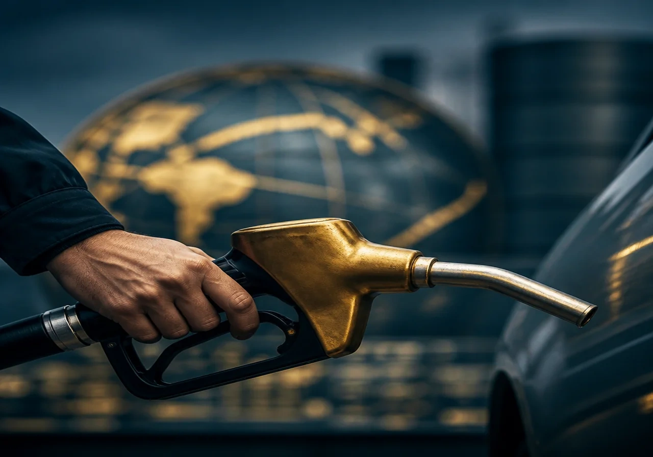 Close-up of a driver's hand holding a fuel nozzle at a gas station, with the price display blurred in the background.