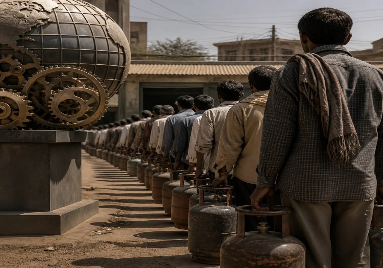 A long queue of people waiting with empty LPG cylinders outside a distributor shop in a dusty Indian town, under a harsh midday sun, documentary style.