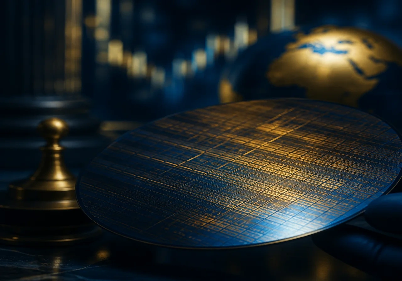 A close-up of a silicon wafer with glowing circuits, representing the semiconductor industry.