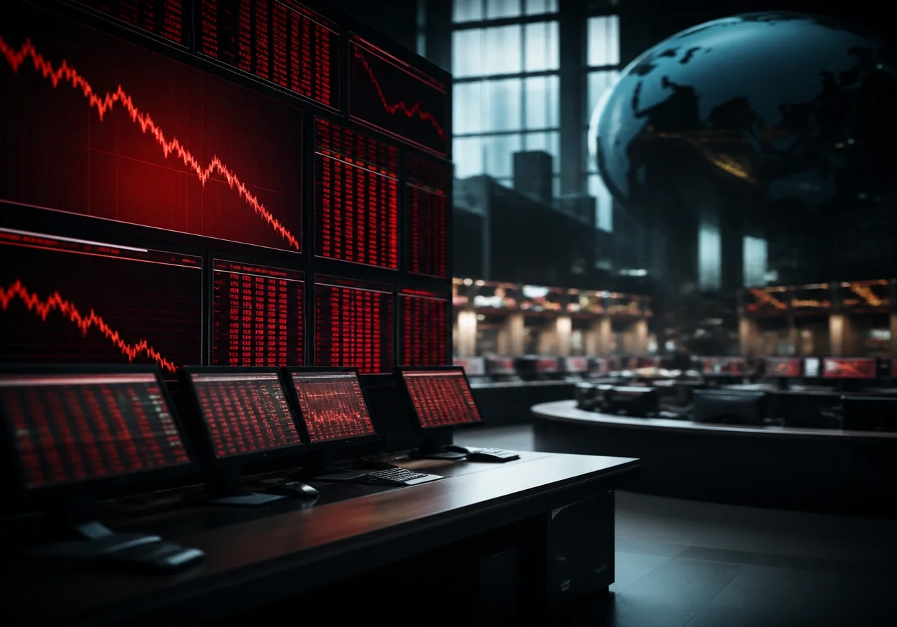 Trading floor with multiple screens displaying red market indices and stock tickers during a sell-off.