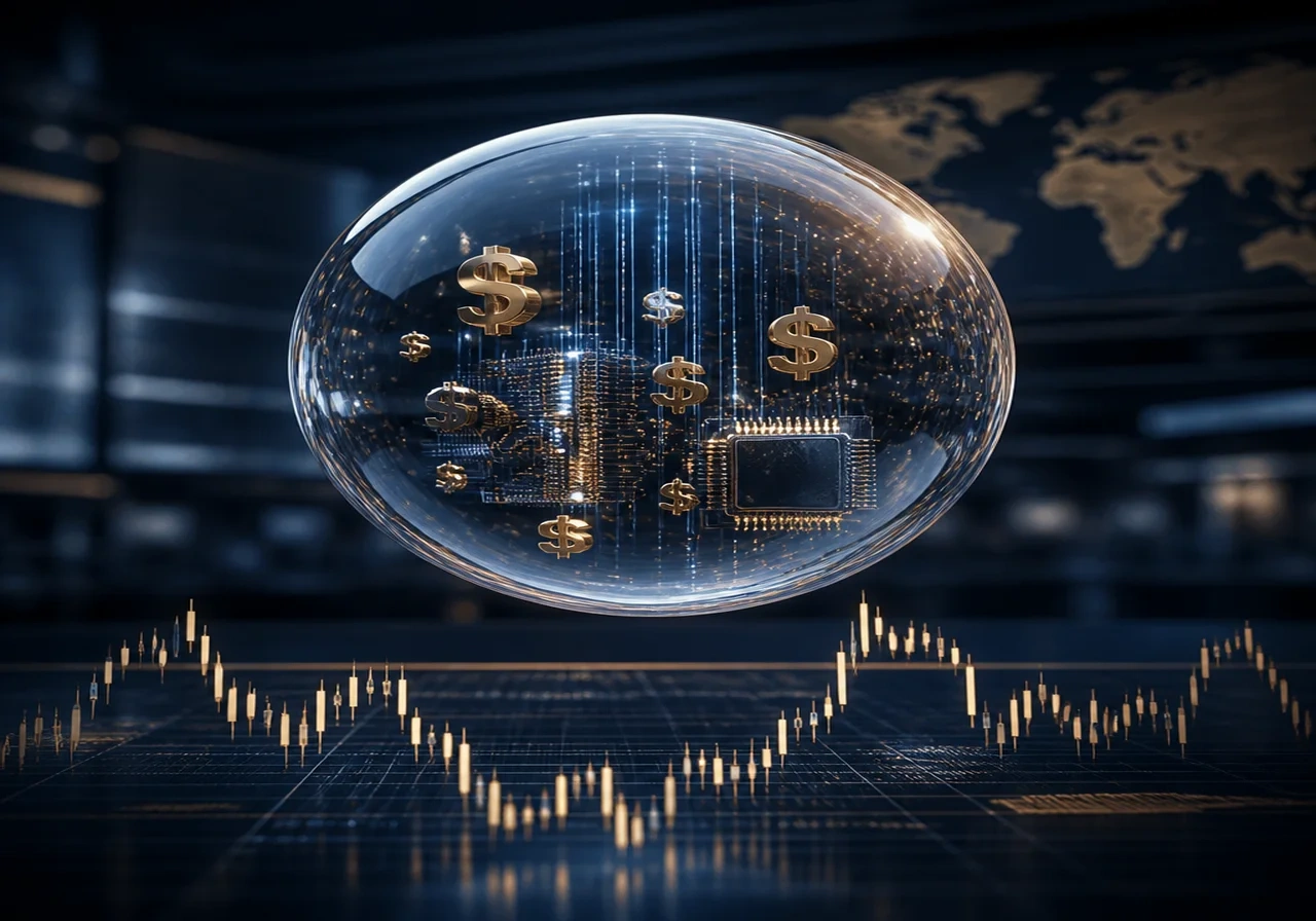 Editorial illustration of a translucent bubble containing microchips, data streams, and dollar signs floating above stock charts.