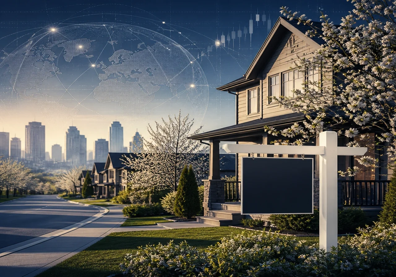A suburban neighborhood street with a 'For Sale' sign in front of a modern house, trees in bloom, representing the spring housing market of 2026.