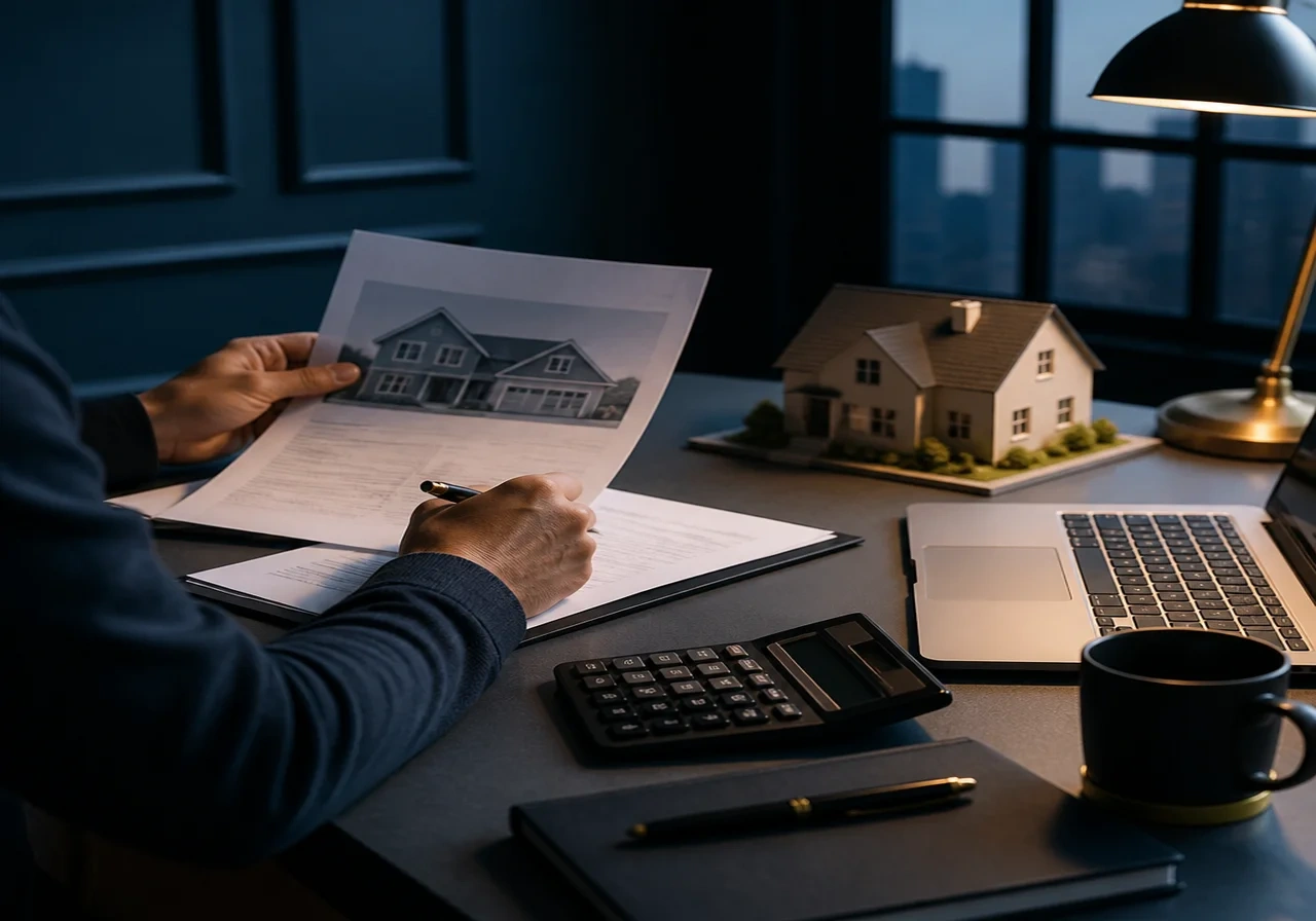 A person sitting at a desk reviewing mortgage documents and a laptop, with a coffee cup and calculator, conveying financial planning for homebuyers.