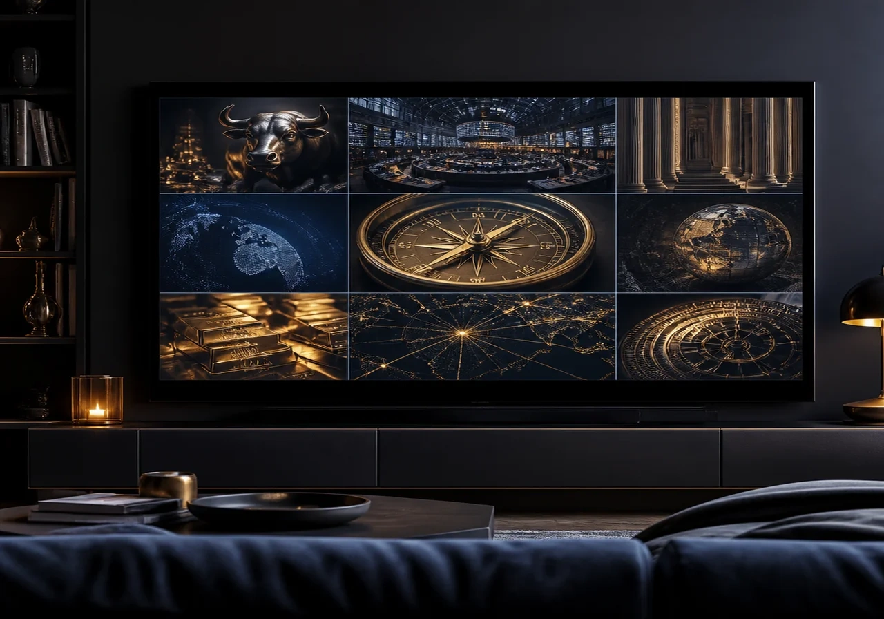 A modern streaming interface on a large TV screen in a dimly lit living room, cinematic mood, 4K quality