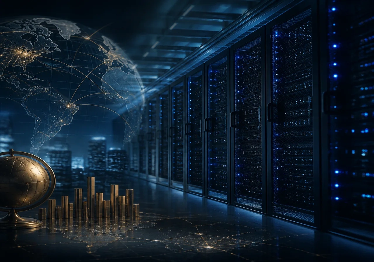 Data center server racks with blue LED lights, representing Netflix's streaming infrastructure.