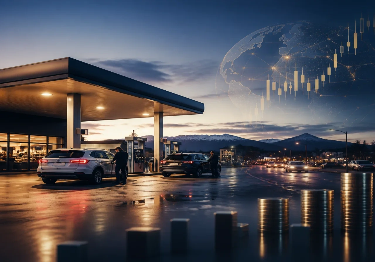 A modern petrol station in a New Zealand town at dusk, with cars refueling, soft lights, and a clear sky, emphasizing everyday life and fuel prices.