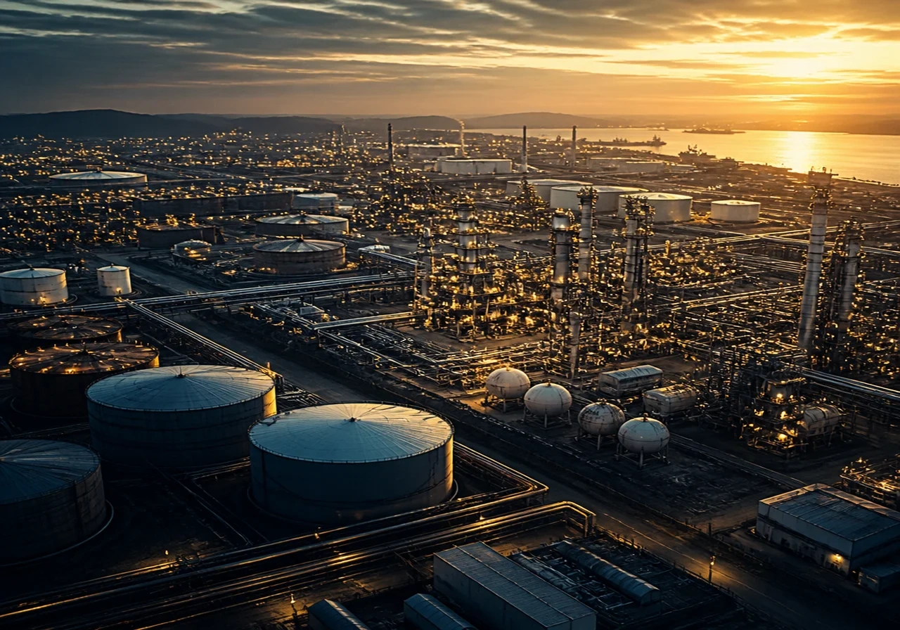 Aerial view of an oil refinery complex with storage tanks and pipelines, bathed in warm evening light.