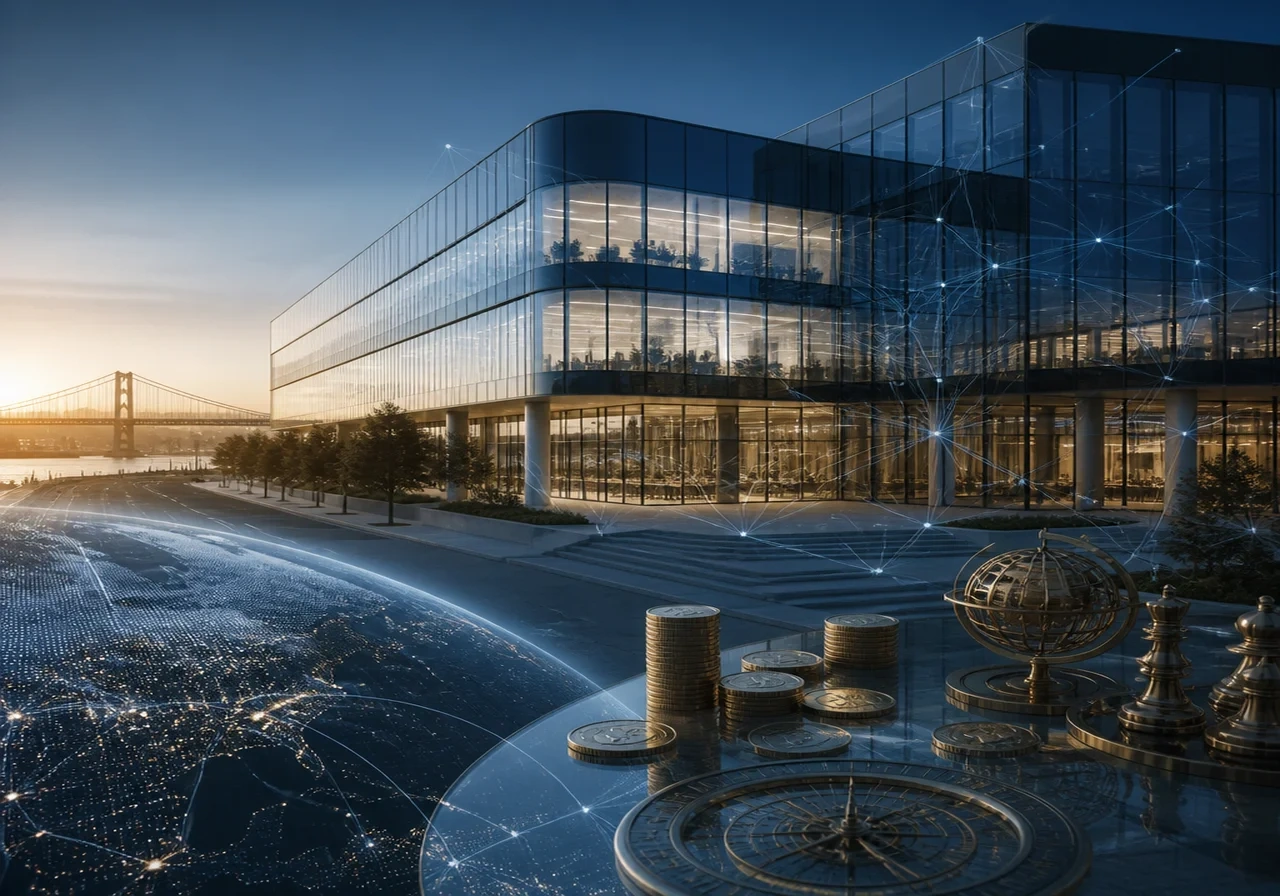 Wide shot of a modern glass office building with a subtle AI-themed digital overlay, representing OpenAI's headquarters in San Francisco.
