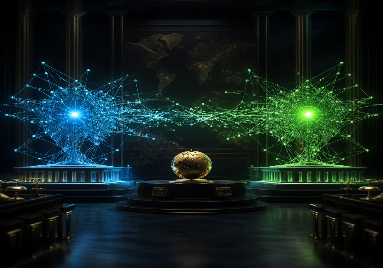 Abstract digital art depicting two neural network nodes glowing in blue and green, symbolizing competitive AI research labs.