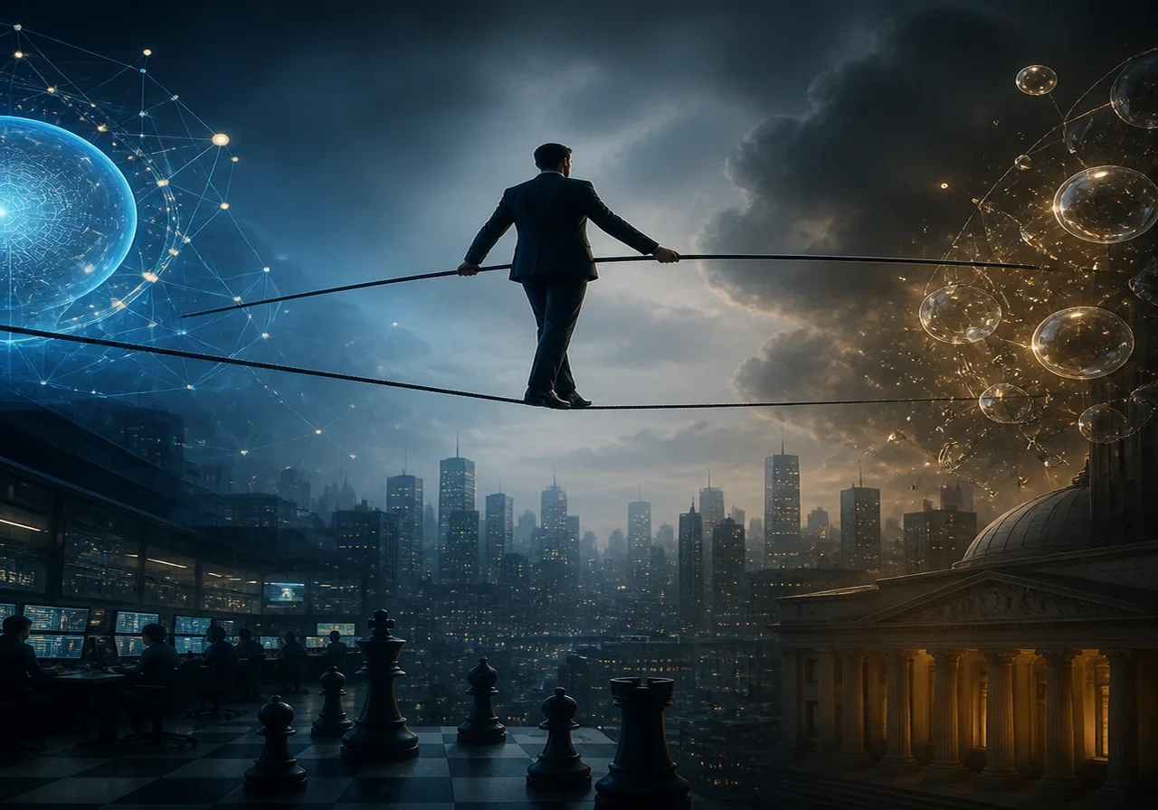 A digital illustration of a tightrope walker over a city skyline, symbolizing the balancing act between AI optimism and bubble fears.