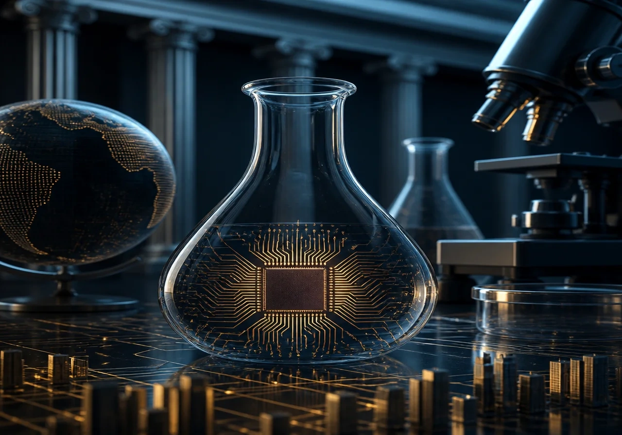 Illustration of laboratory equipment and computer chips merging to represent deep tech innovation.