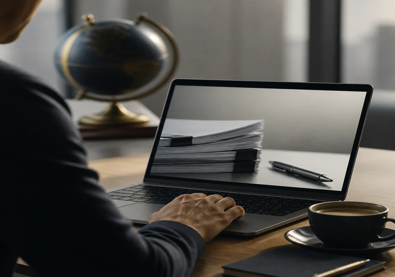 A person sitting at a desk reviewing loan documents on a laptop, with a coffee cup nearby, soft natural lighting.