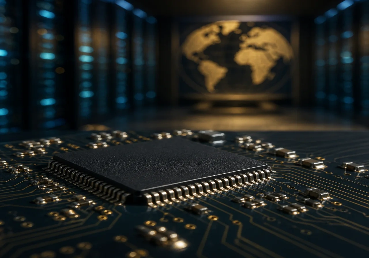 A macro photograph of a NAND flash memory chip soldered onto a circuit board, with a blurred background of server racks.