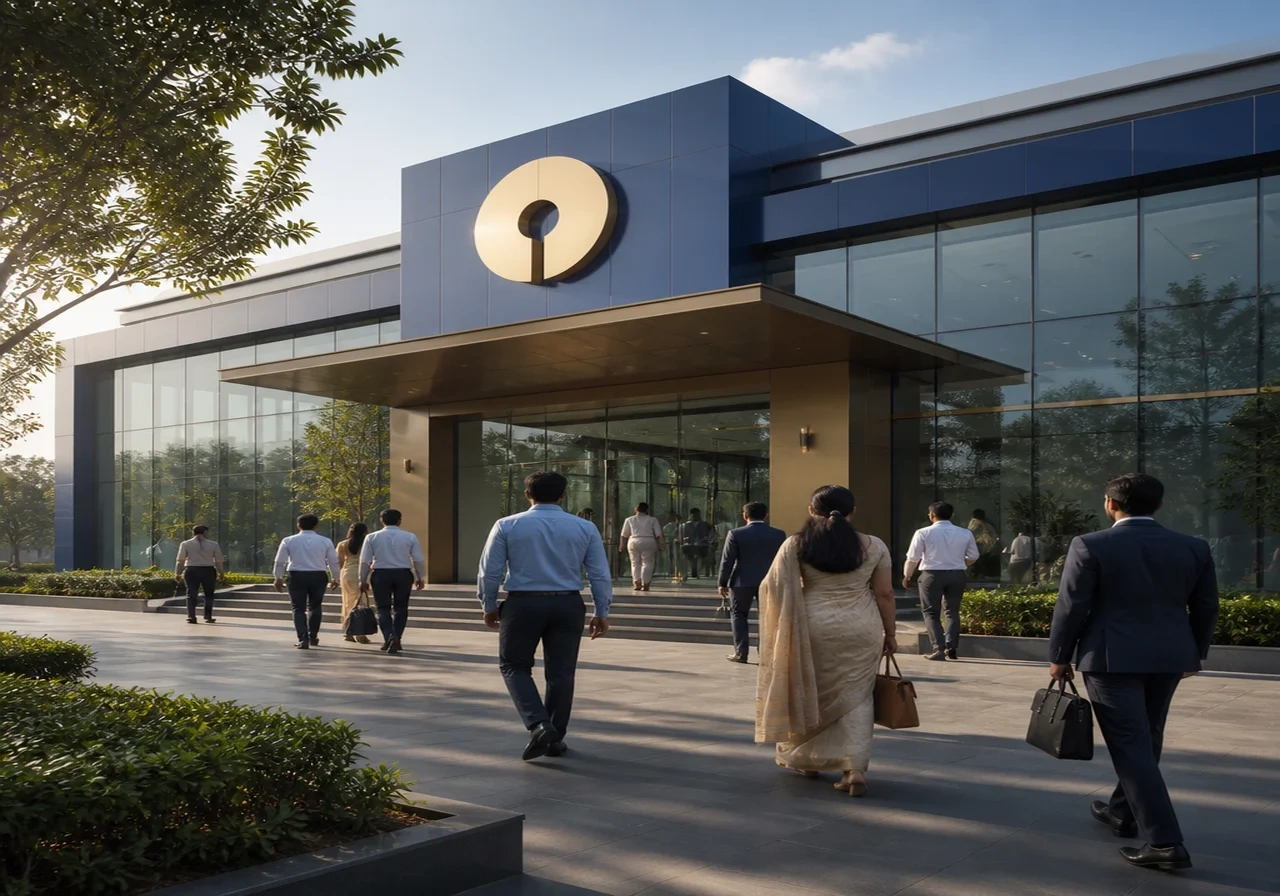 Modern SBI bank branch exterior with customers entering, sunny day, India