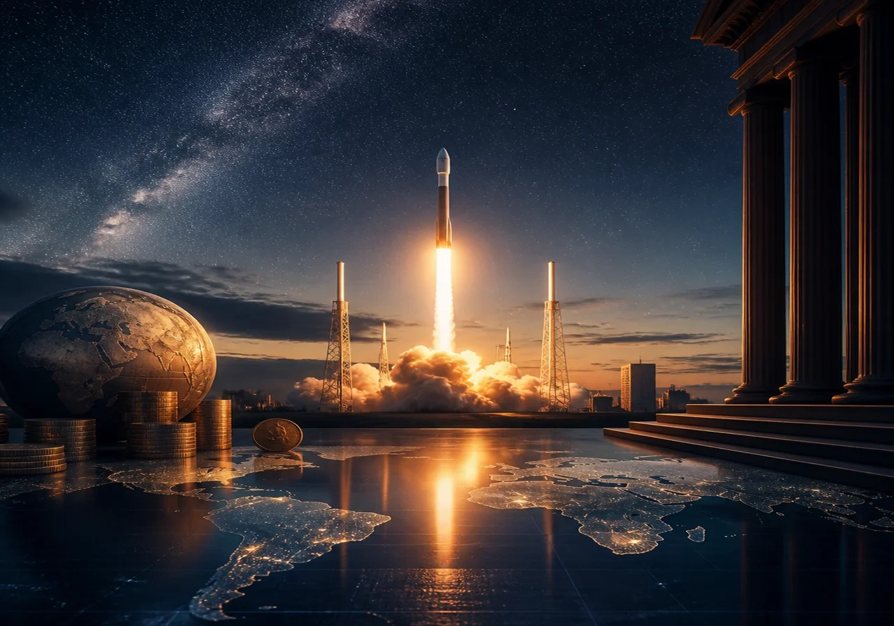 A Falcon 9 rocket launching at dusk with the Milky Way visible in the background.