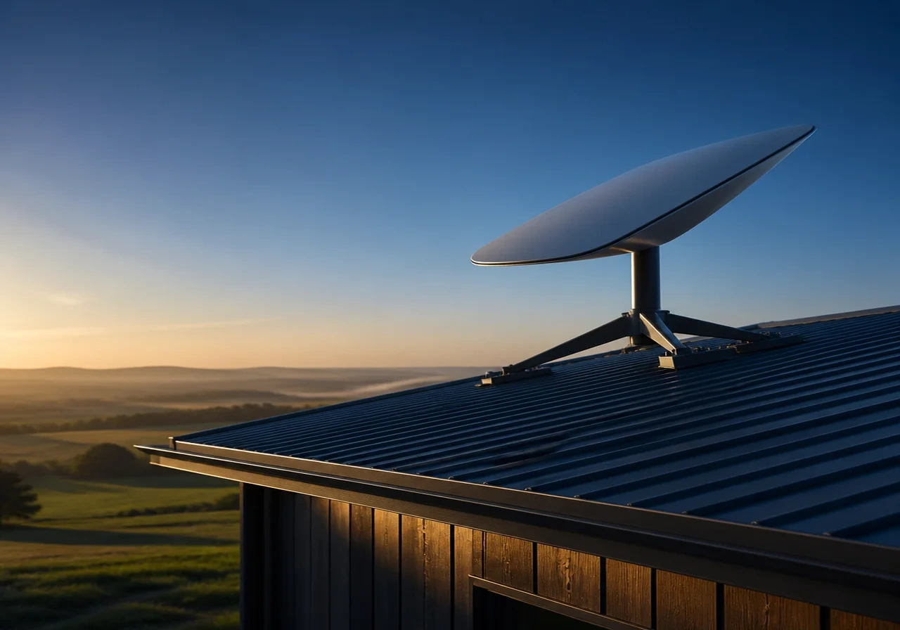 A Starlink satellite dish mounted on a rural rooftop with a clear sky.
