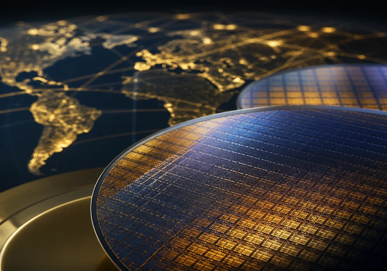 A close-up shot of semiconductor wafers with intricate circuitry patterns, representing SK Hynix's manufacturing capabilities.