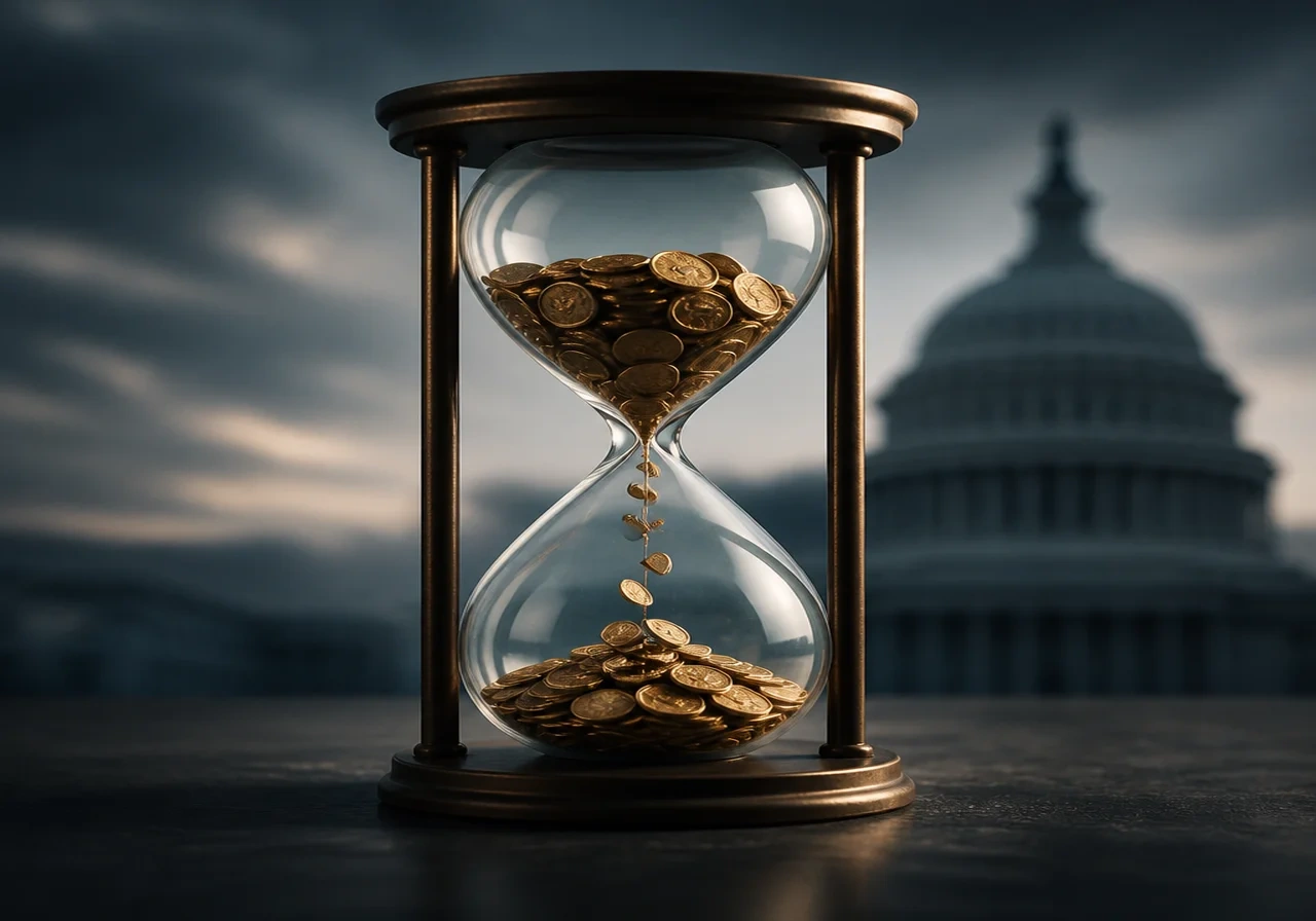 An hourglass with golden coins trickling through the narrow neck, set in front of a blurred US Capitol building silhouette, symbolizing time running out for Social Security.