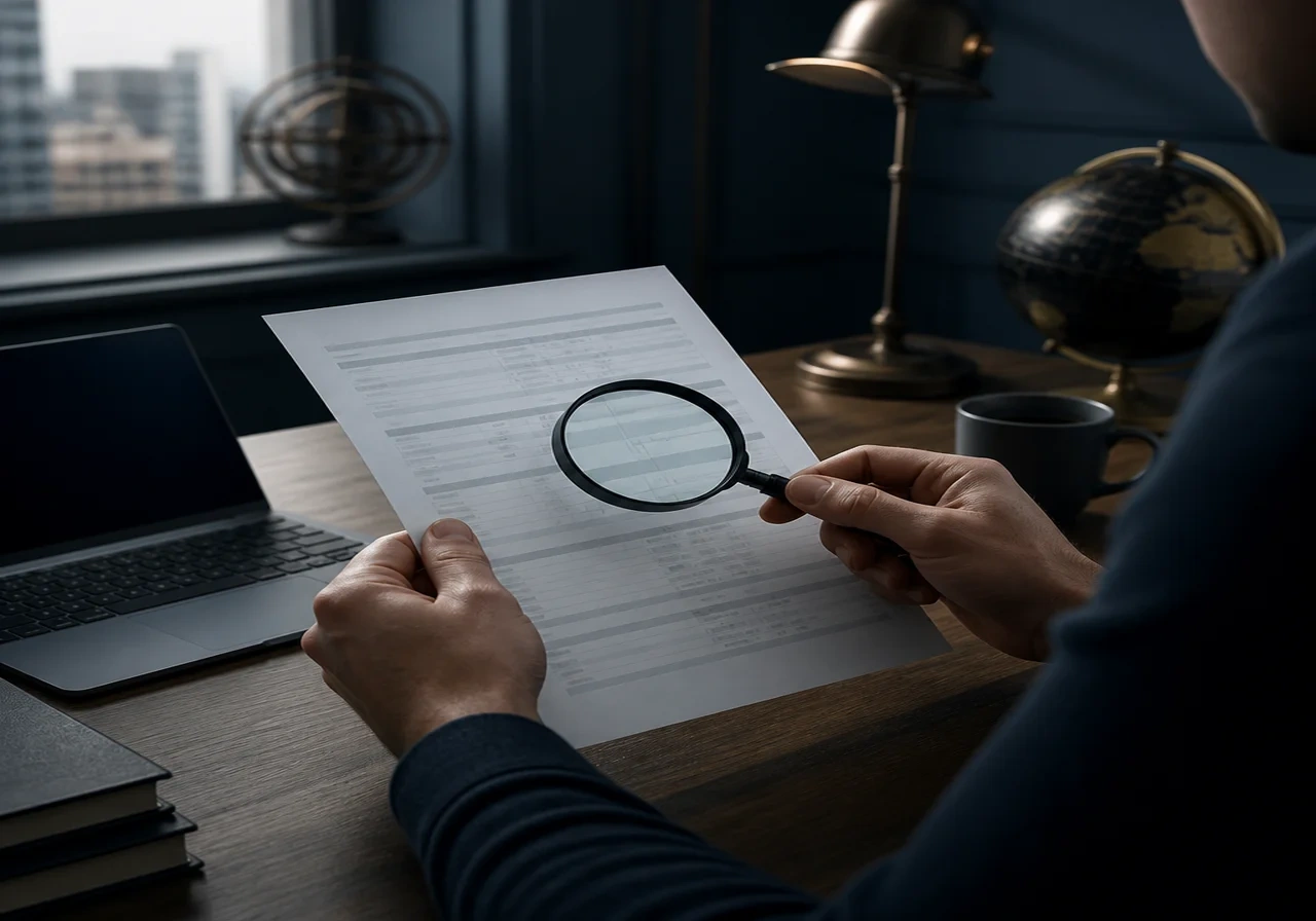 A person in a home office reviewing a pay stub with a magnifying glass, focusing on the Social Security deduction section.