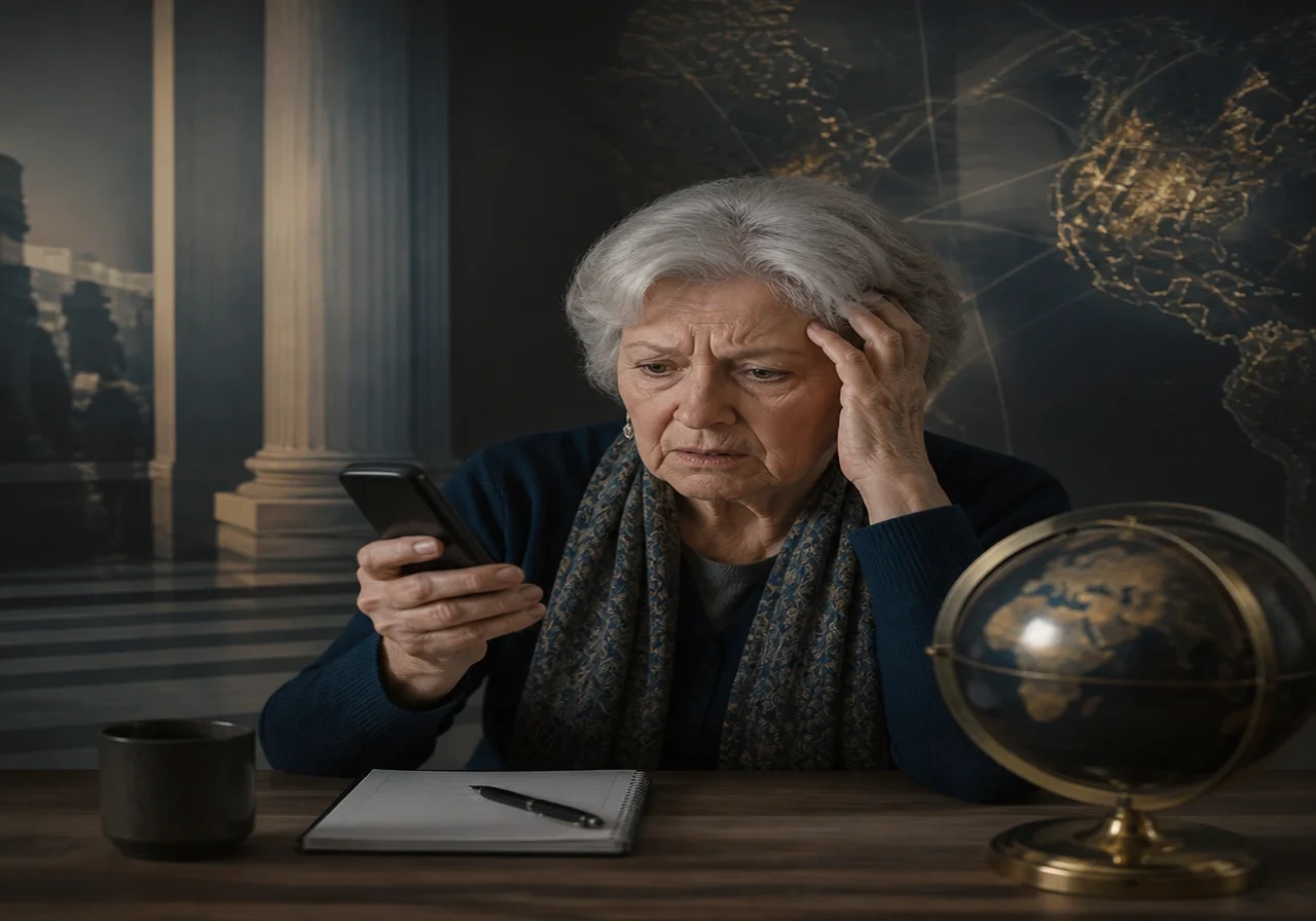 An older woman holding a cordless phone, looking confused and concerned, with a notepad and pen nearby, conveying vulnerability to phone scams.