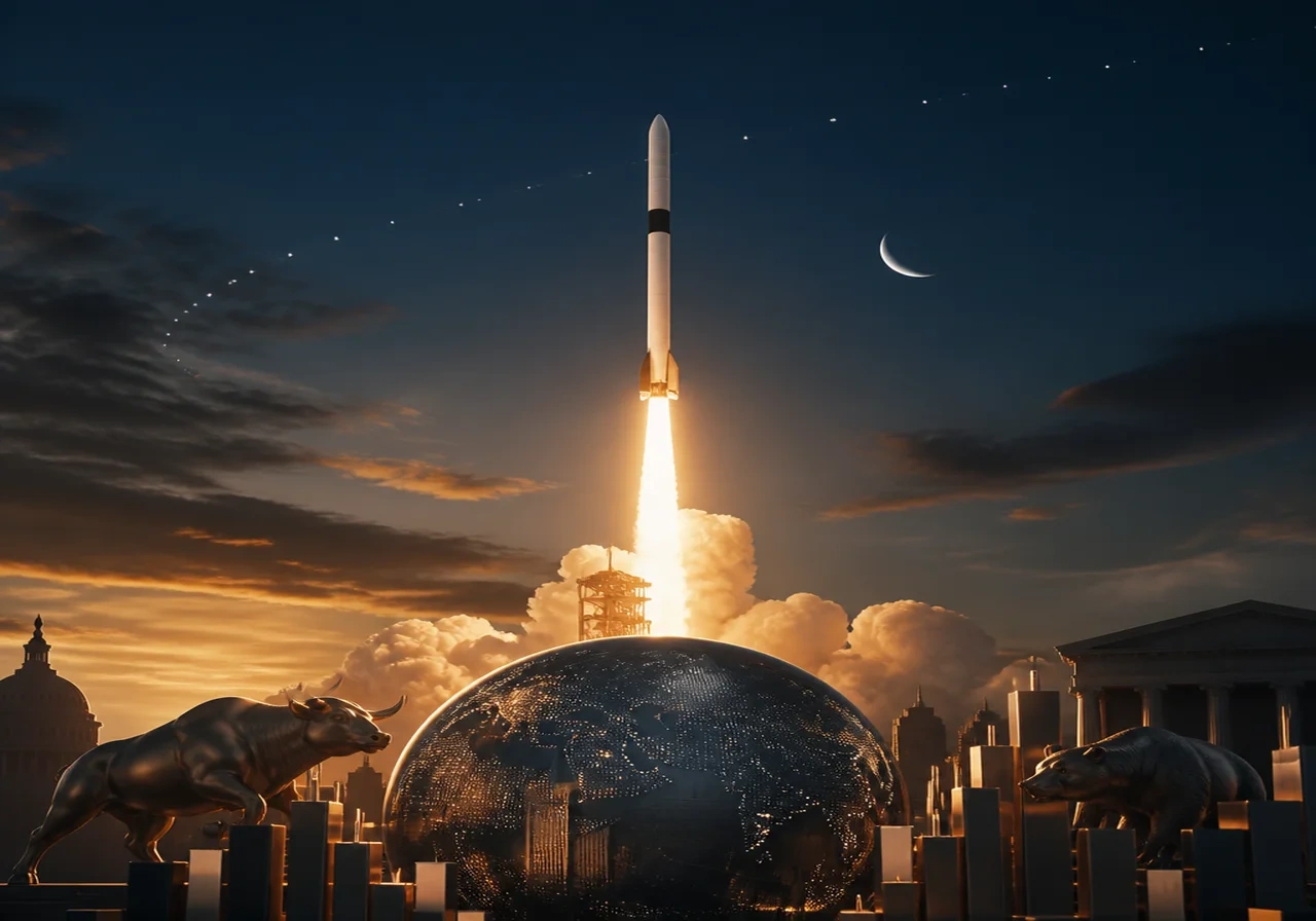A stylized illustration of a Falcon 9 rocket lifting off at twilight, with a crescent moon in the background and Starlink satellites visible as a faint constellation in the sky.