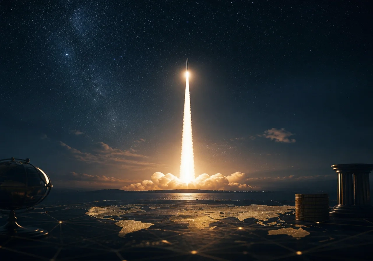 A dramatic long exposure of a Falcon 9 rocket launching at night, with bright exhaust trail and stars visible.