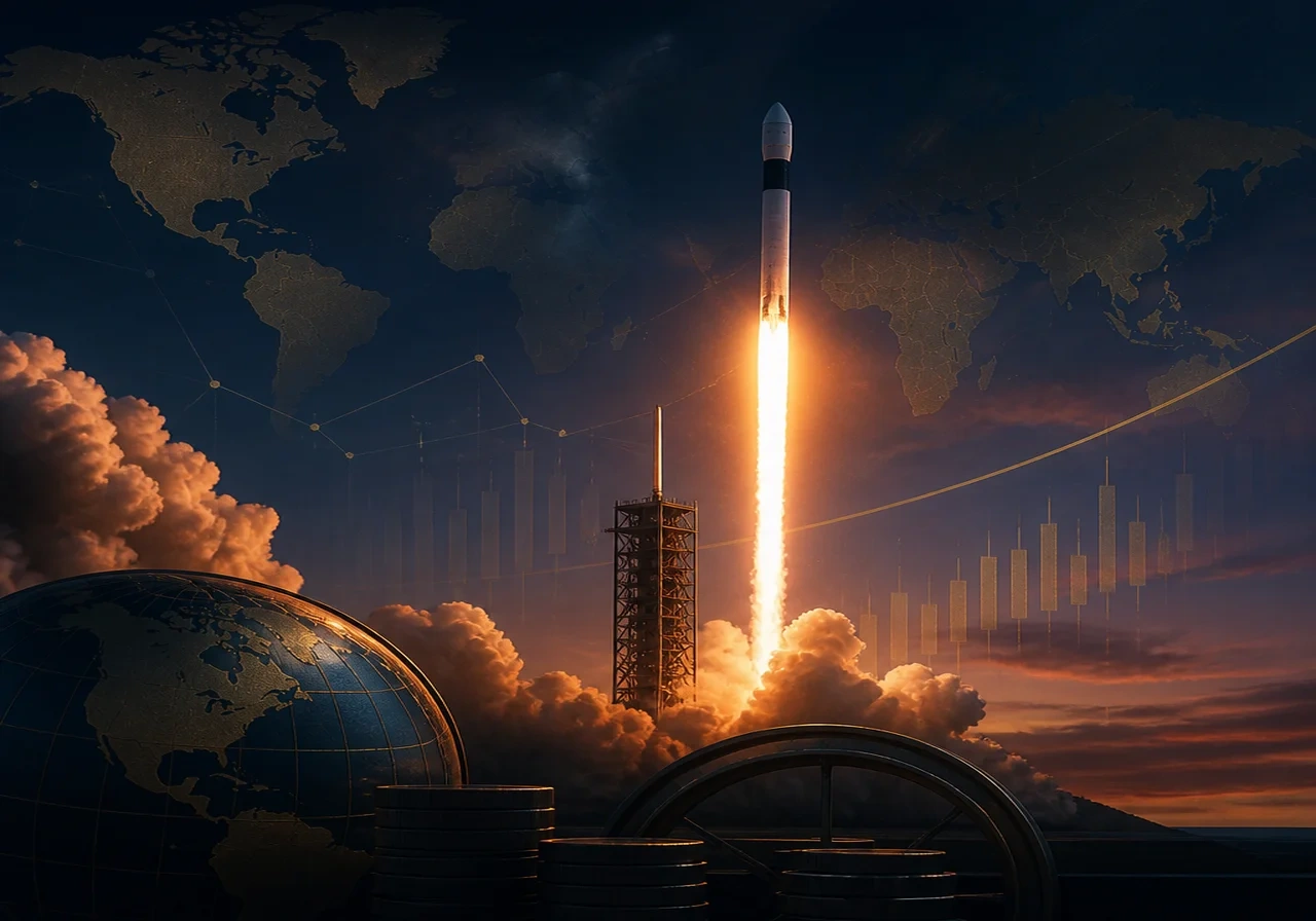 A SpaceX Falcon 9 rocket lifts off from Cape Canaveral at dusk, with the exhaust plume glowing orange against the dark sky.