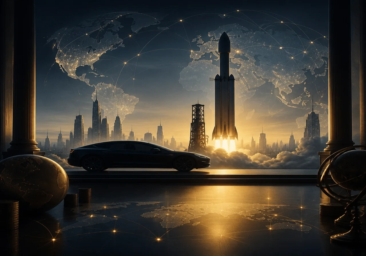 Illustration of a SpaceX rocket and a Tesla electric car silhouetted against a futuristic skyline, symbolizing a potential merger.